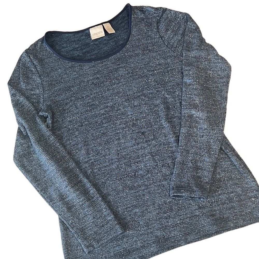 Chico’s Blue and Silver Metallic Round Neck Long Sleeves Pullover Size Small